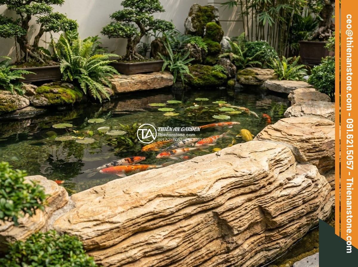 Xu hướng thiết kế hồ cá Koi kết hợp đá cổ thạch lên ngôi năm 2026 - Finished professional installation of stone-integrated Koi pond with clear water