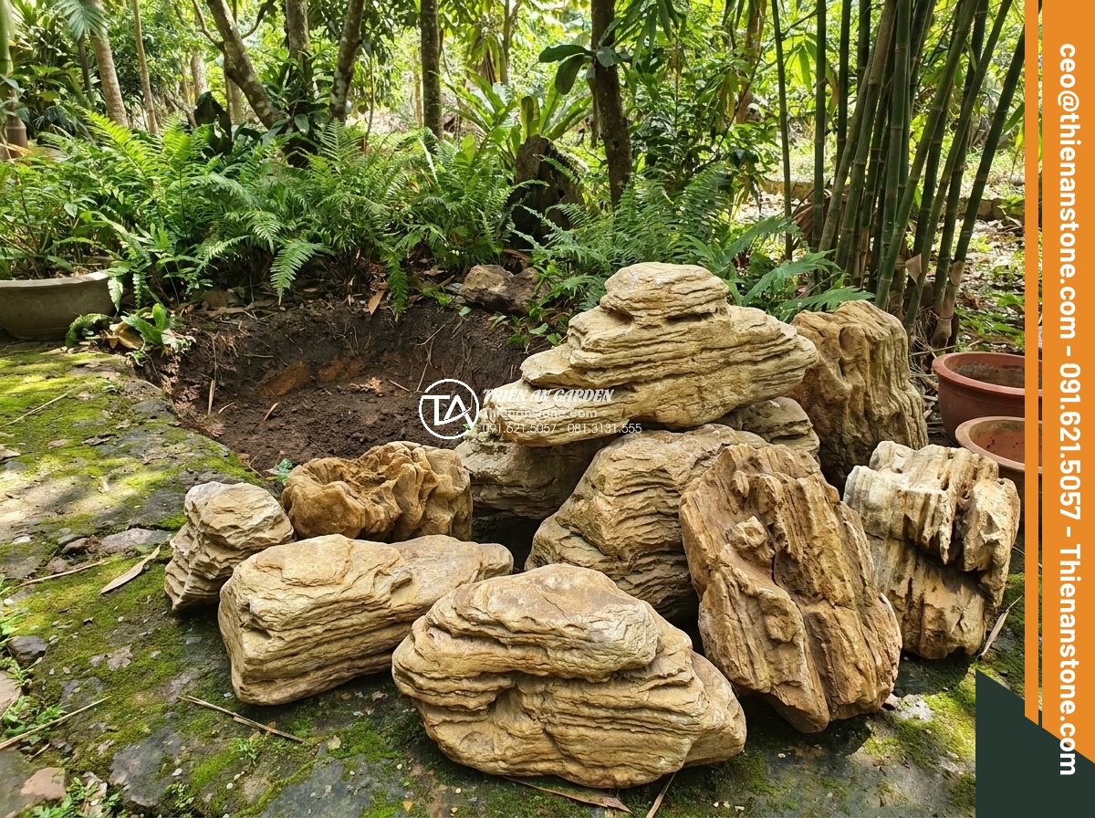 Xu hướng thiết kế hồ cá Koi kết hợp đá cổ thạch lên ngôi năm 2026 - Collection of trending ancient stones in different colors and shapes ready for 2
