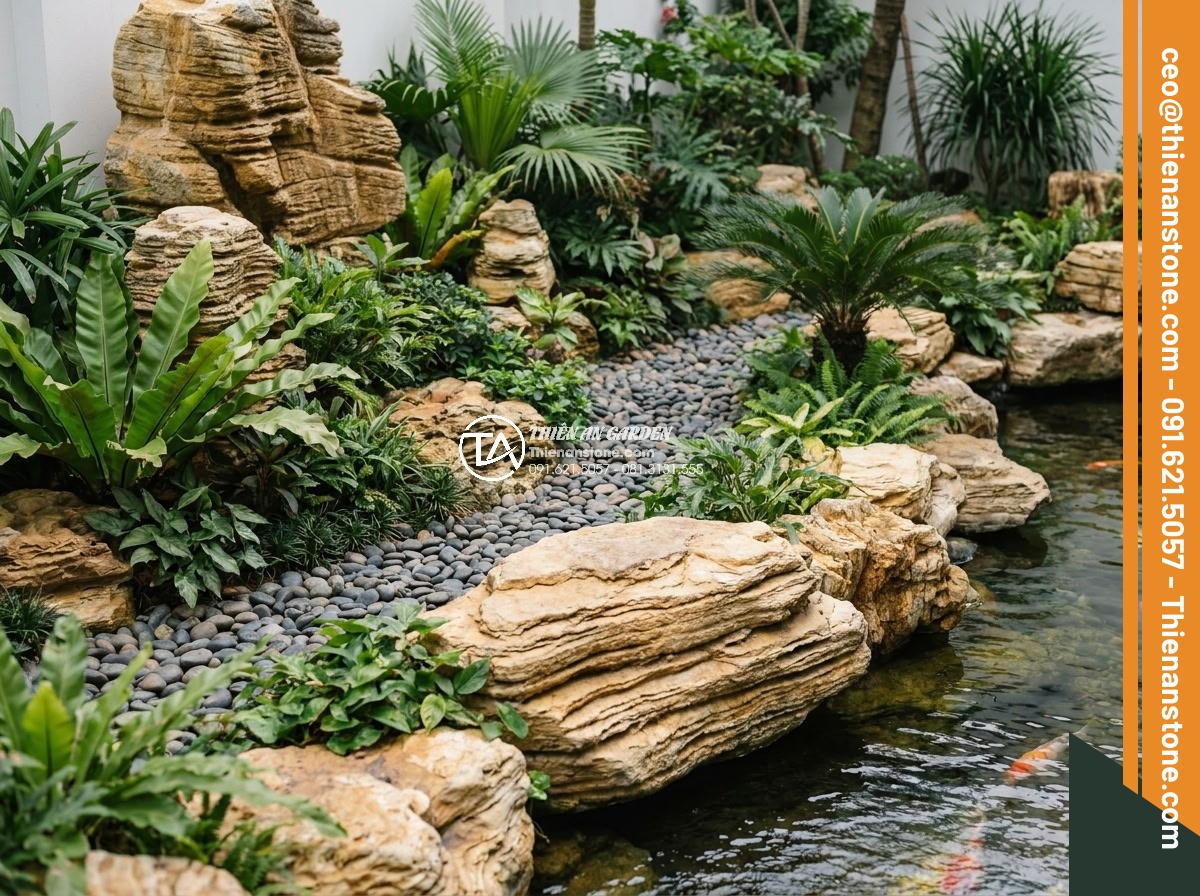 Xu hướng thiết kế hồ cá Koi kết hợp đá cổ thạch lên ngôi năm 2026 - Integrated garden scene with Koi pond, ancient stones, pebble pathways, and trop