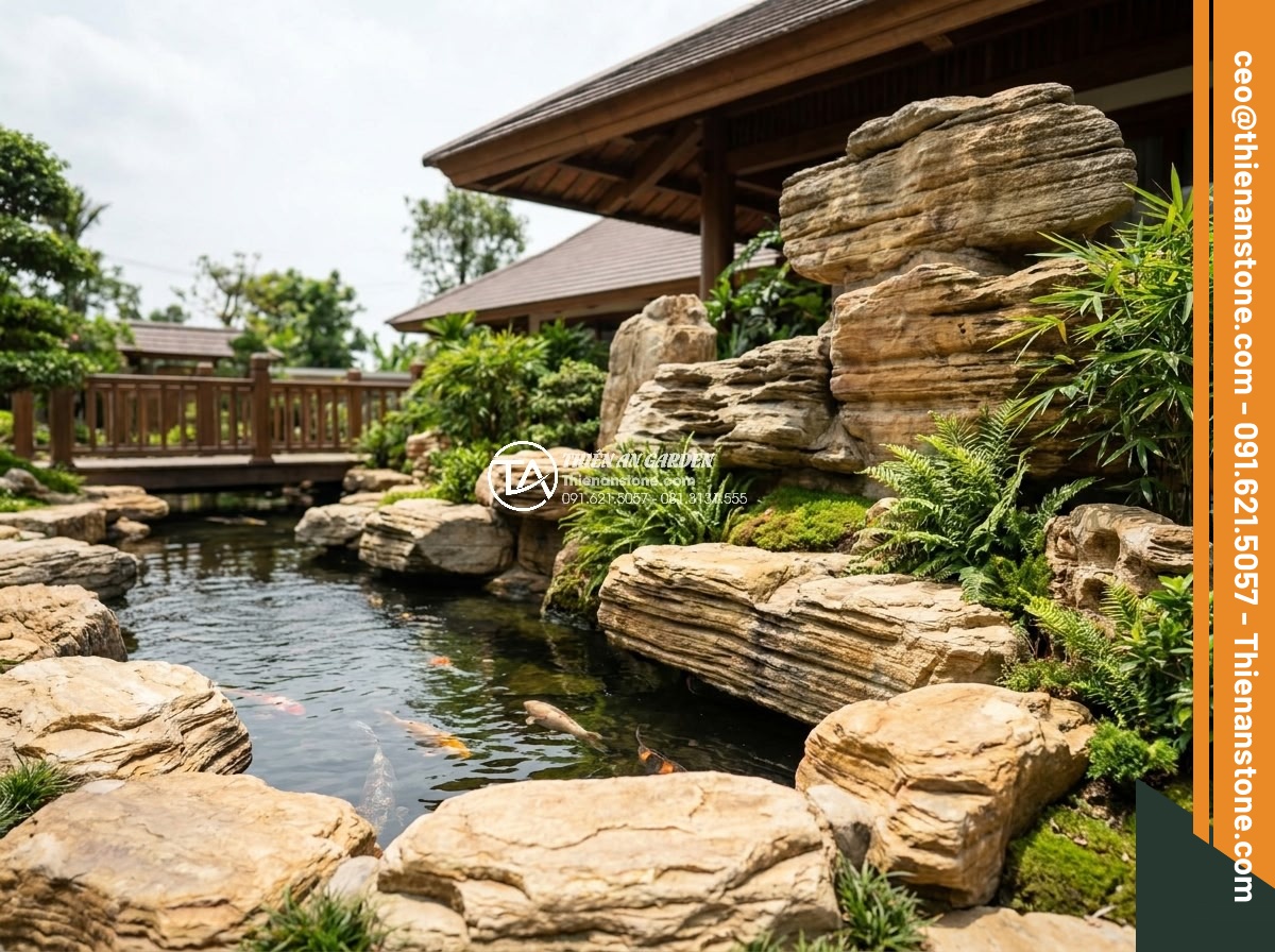 Xu hướng thiết kế hồ cá Koi kết hợp đá cổ thạch lên ngôi năm 2026 - Real project photo of completed luxury Koi pond with ancient stones at a Vietnam