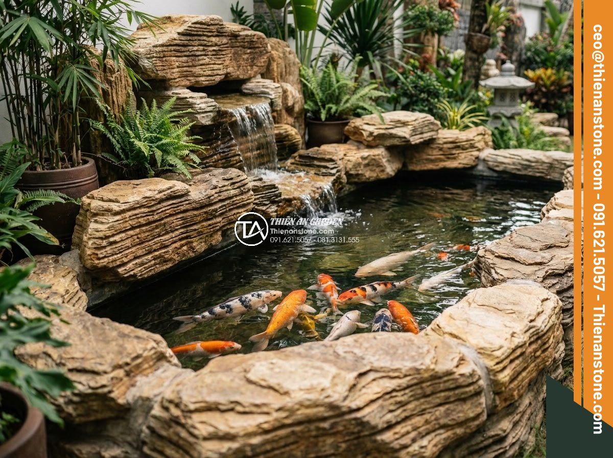 Xu hướng thiết kế hồ cá Koi kết hợp đá cổ thạch lên ngôi năm 2026 - Another case study image from different angle of Thien An Stone Koi pond project