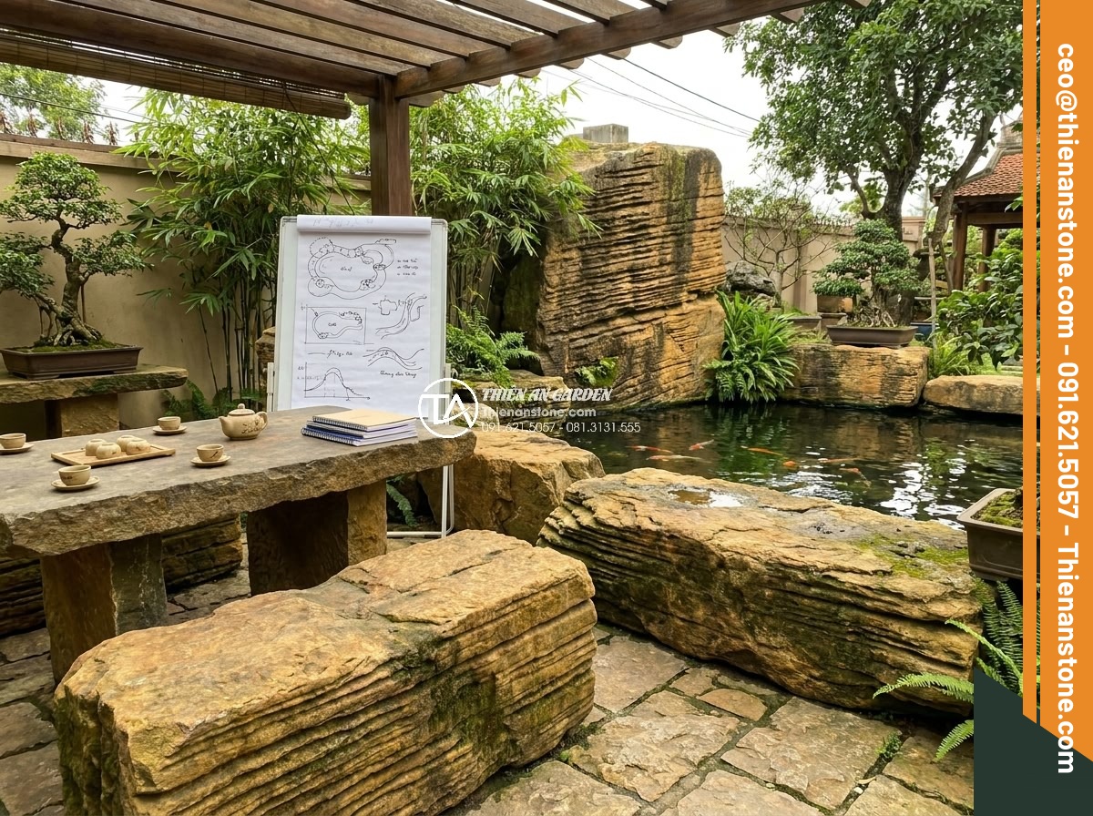 Xu hướng thiết kế hồ cá Koi kết hợp đá cổ thạch lên ngôi năm 2026 - Professional team photo at Thien An Stone discussing 2026 trends for stone Koi p