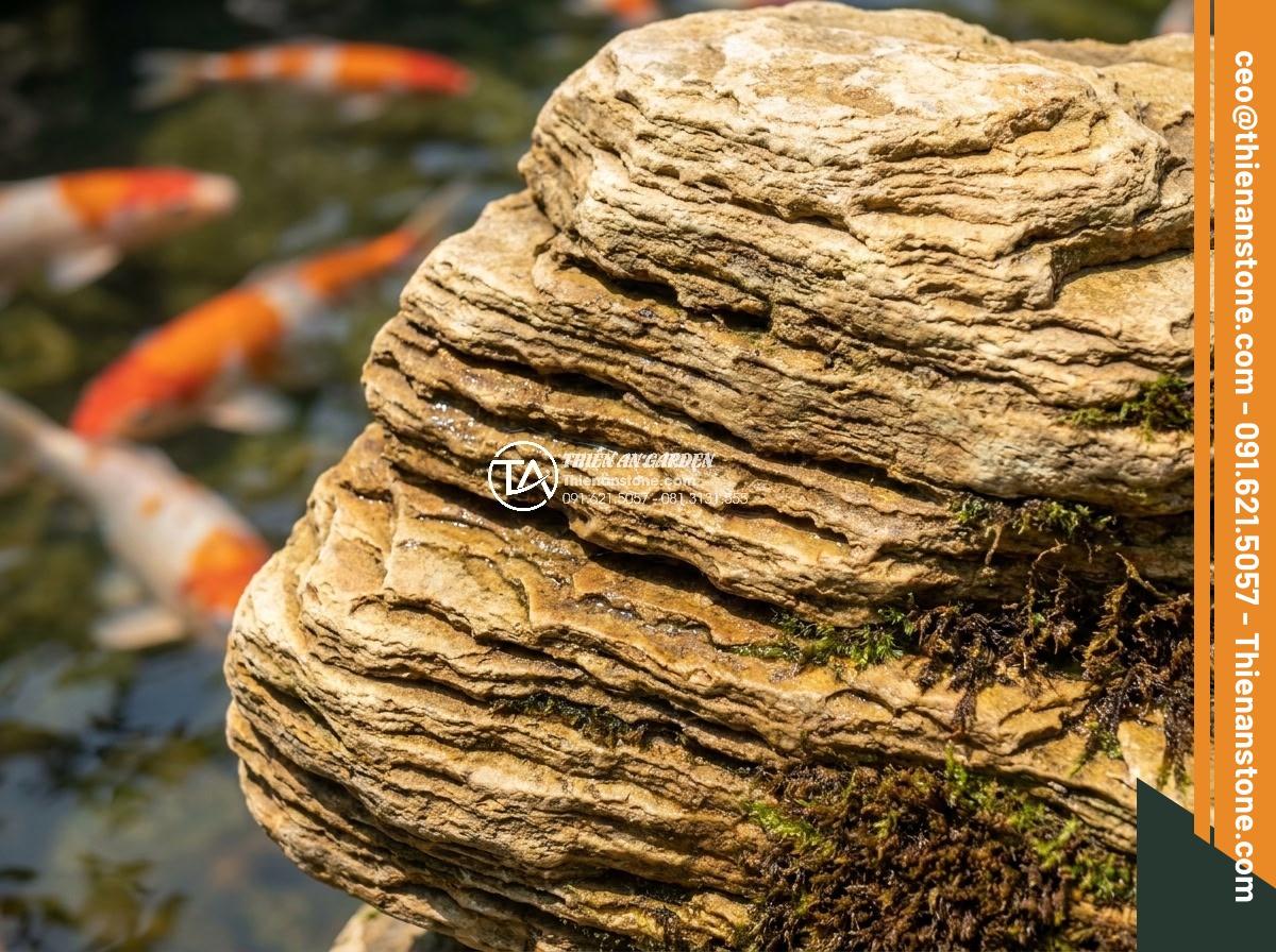 Xu hướng thiết kế hồ cá Koi kết hợp đá cổ thạch lên ngôi năm 2026 - Detailed macro photograph of ancient Koi pond stones showing intricate natural v