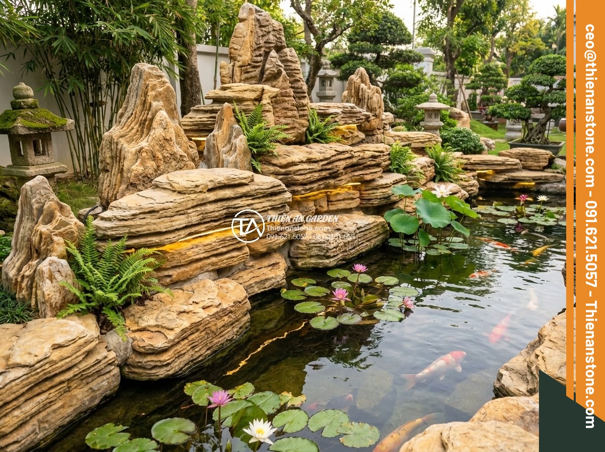 Xu hướng thiết kế hồ cá Koi kết hợp đá cổ thạch lên ngôi năm 2026 - Panoramic landscape image of a serene Koi pond edge constructed entirely from an