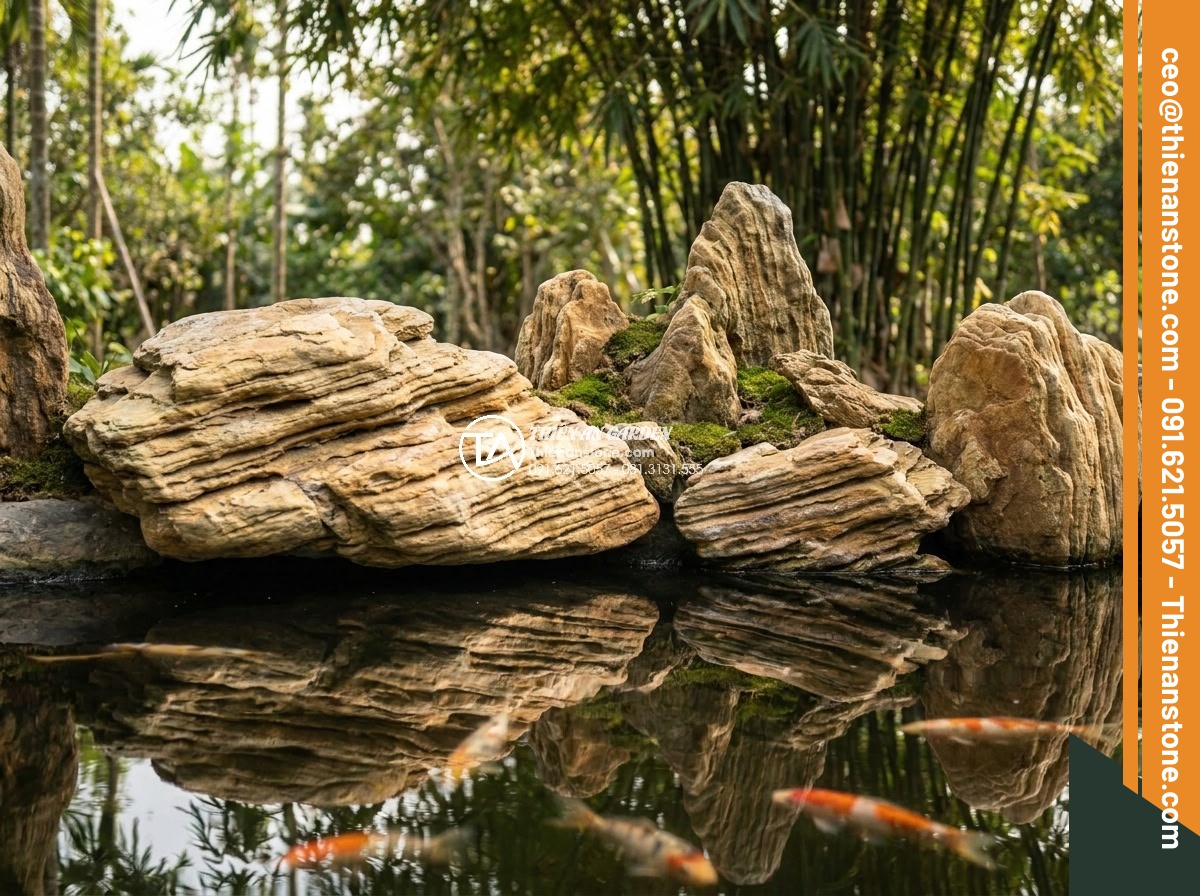 Xu hướng thiết kế hồ cá Koi kết hợp đá cổ thạch lên ngôi năm 2026 - Zen-style Koi pond with carefully placed ancient stones forming a minimalist roc