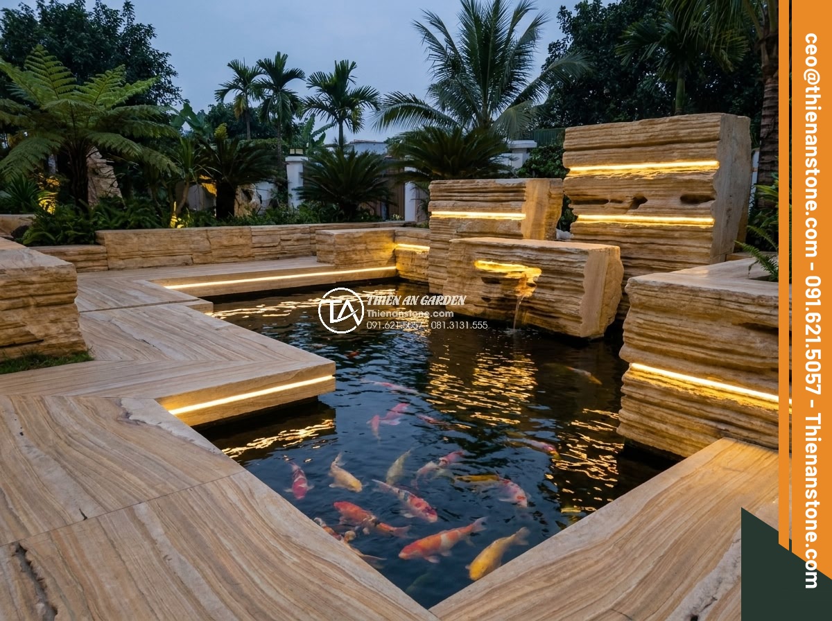 Xu hướng thiết kế hồ cá Koi kết hợp đá cổ thạch lên ngôi năm 2026 - Modern contemporary Koi pond featuring sculpted ancient stones with integrated s