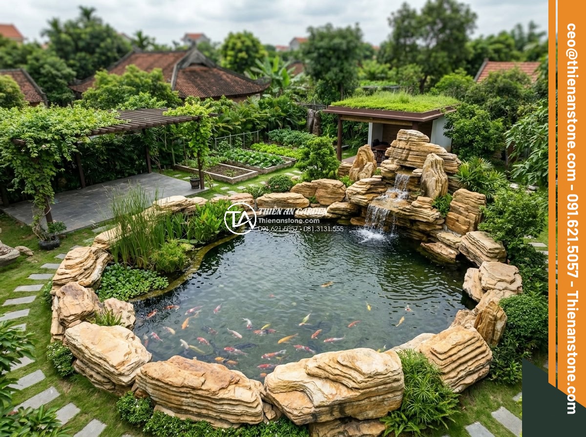 Xu hướng thiết kế hồ cá Koi kết hợp đá cổ thạch lên ngôi năm 2026 - Aerial view of complete Koi pond with ancient stone borders, waterfall feature, 