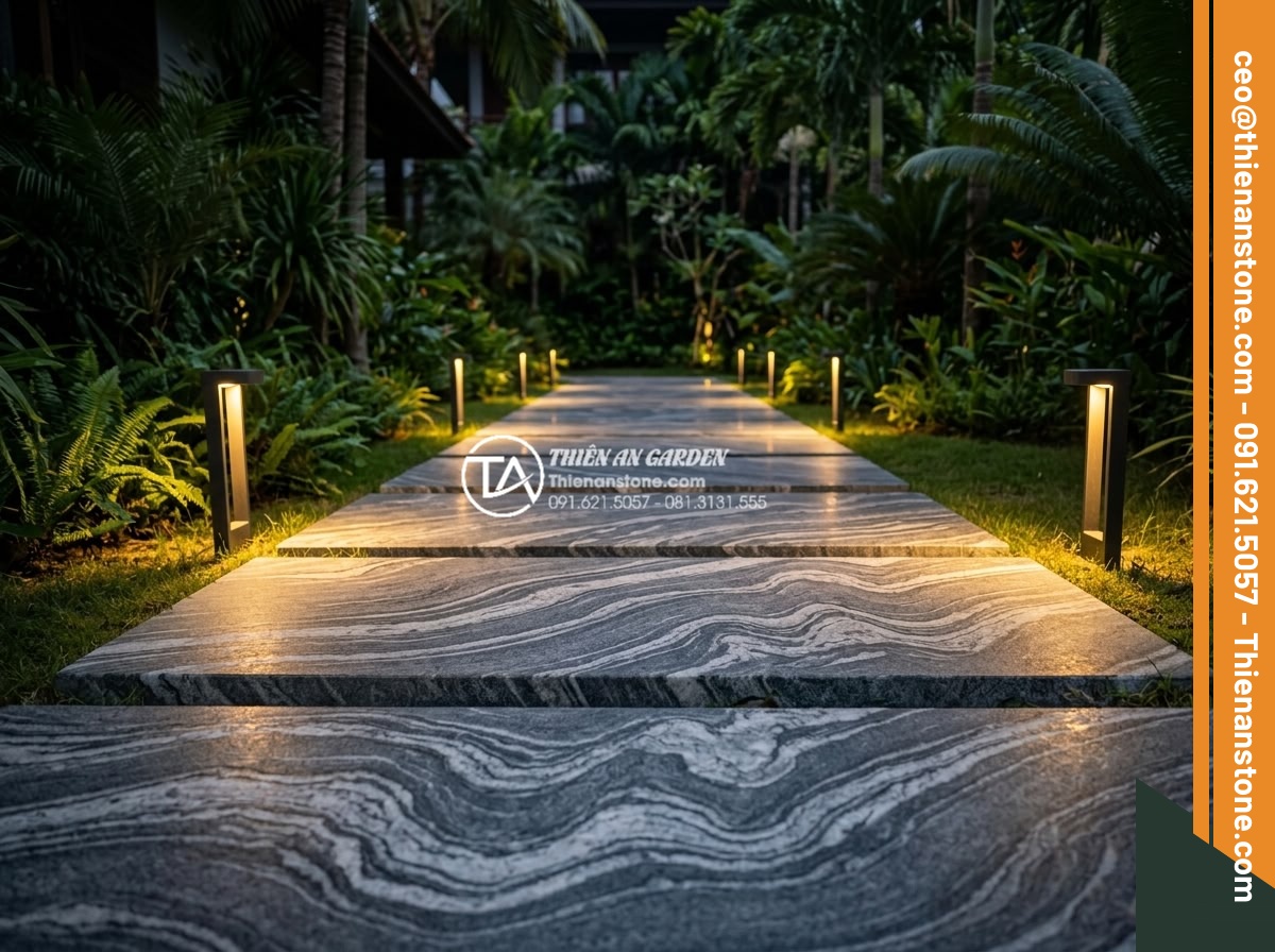 Ý tưởng kết hợp đèn sân vườn chiếu sáng lối đi đá bước dạo ban đêm - High-resolution professional photograph of a elegant nighttime garden stepping s