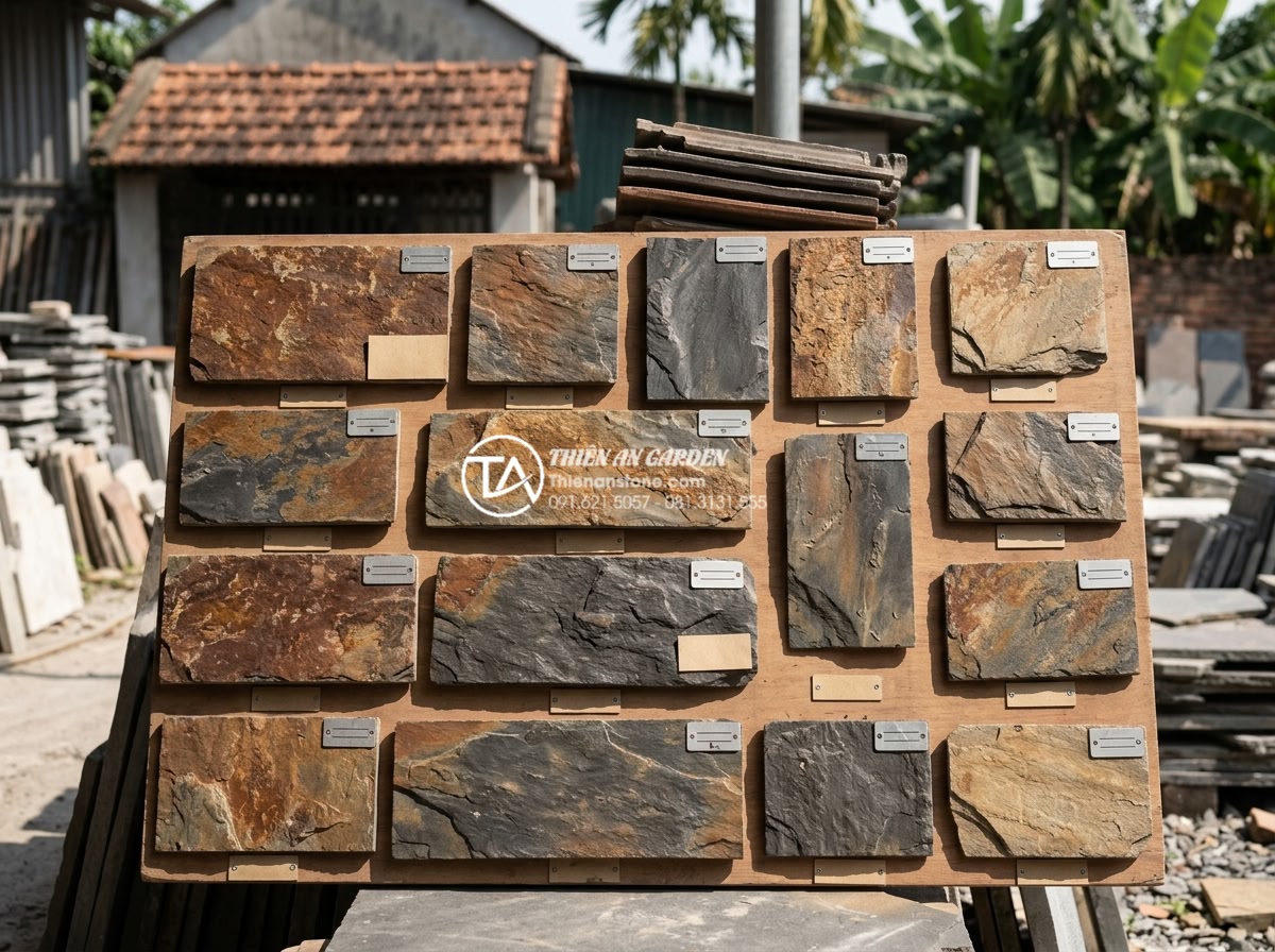 15+ Mẫu đá rối ốp chân tường giúp bảo vệ công trình tuyệt đối - Assortment of over 15 different pebble stone samples arranged for wall base clad
