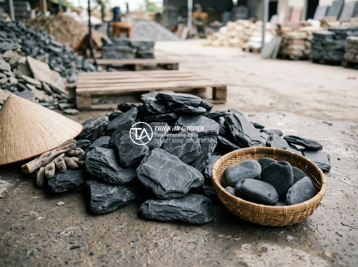 15+ Mẫu đá rối ốp chân tường giúp bảo vệ công trình tuyệt đối - Customer selecting high-quality natural pebble stones at a stone yard for custom