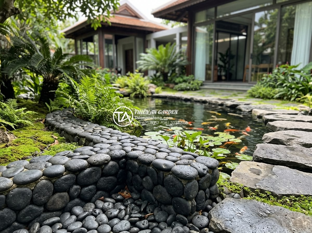 15+ Mẫu đá rối ốp chân tường giúp bảo vệ công trình tuyệt đối - Real-world application of pebble stone wall base in luxury villa garden with koi