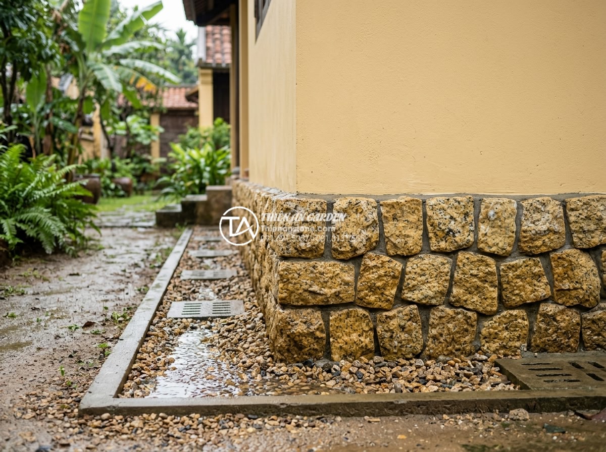 15+ Mẫu đá rối ốp chân tường giúp bảo vệ công trình tuyệt đối - Detailed photo of pebble stone wall base after heavy rain showing excellent wate