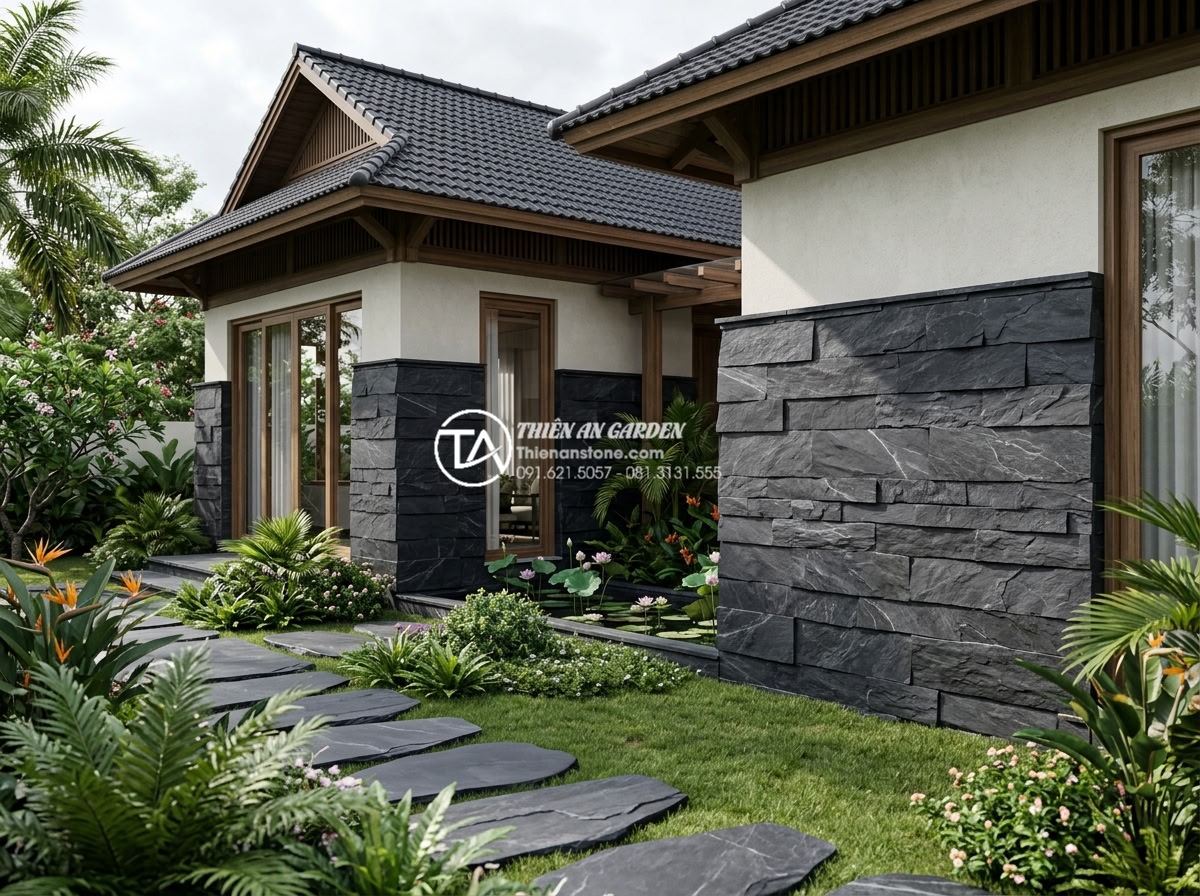 15+ Mẫu đá rối ốp chân tường giúp bảo vệ công trình tuyệt đối - Artistic rendering of luxury villa exterior with colorful natural pebble stone c