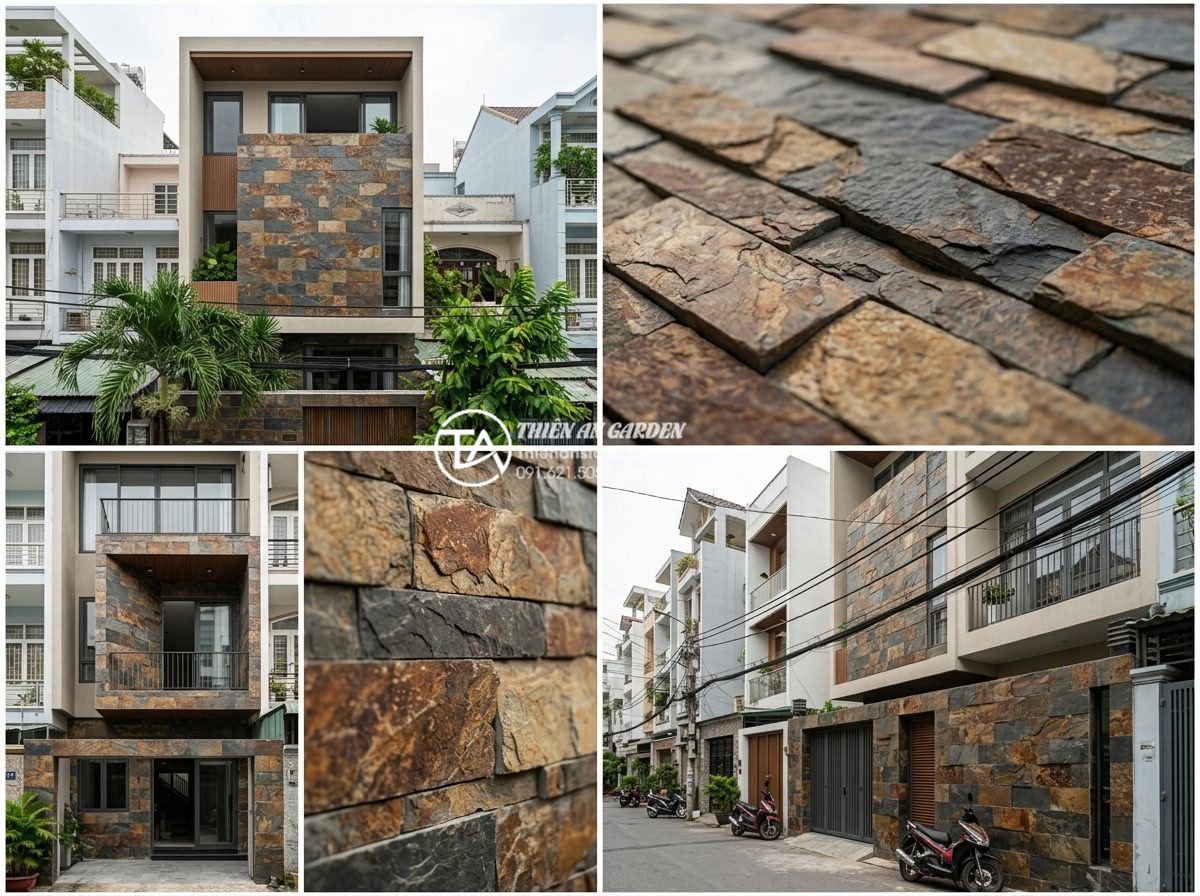 20 Ý tưởng sử dụng đá rối trang trí mặt tiền nhà phố cực ấn tượng - Collage of contemporary facade designs featuring decorative rubble stone applica