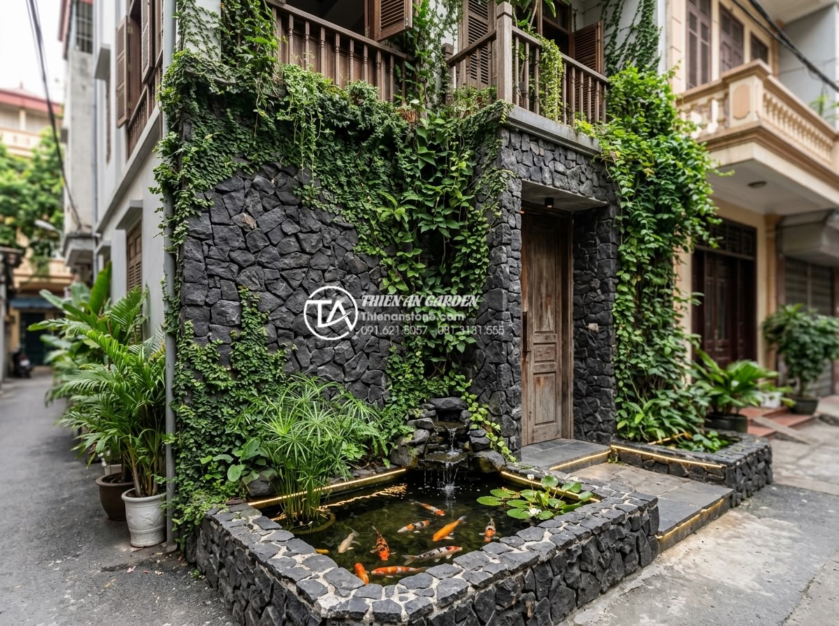 20 Ý tưởng sử dụng đá rối trang trí mặt tiền nhà phố cực ấn tượng - Natural integration of rubble stone facade with climbing green plants, water fea
