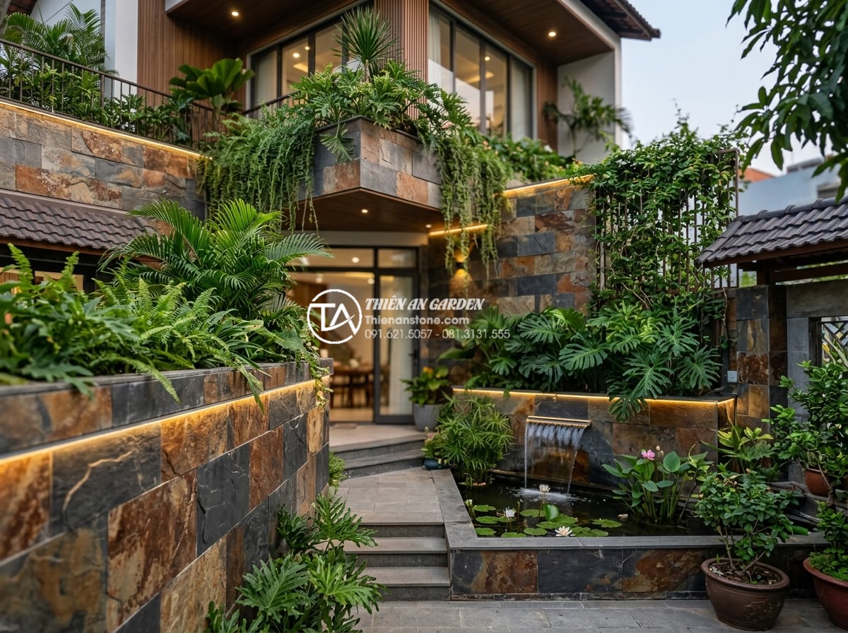 20 Ý tưởng sử dụng đá rối trang trí mặt tiền nhà phố cực ấn tượng - Harmonious blend of decorative rubble stones with natural elements like greenery