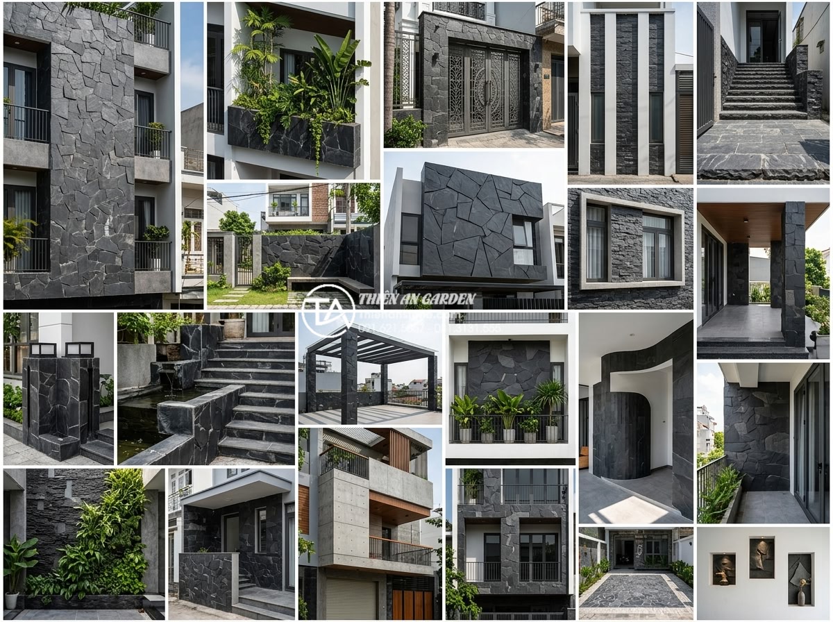 20 Ý tưởng sử dụng đá rối trang trí mặt tiền nhà phố cực ấn tượng - Innovative collage showcasing 20 distinctive decorative rubble stone application