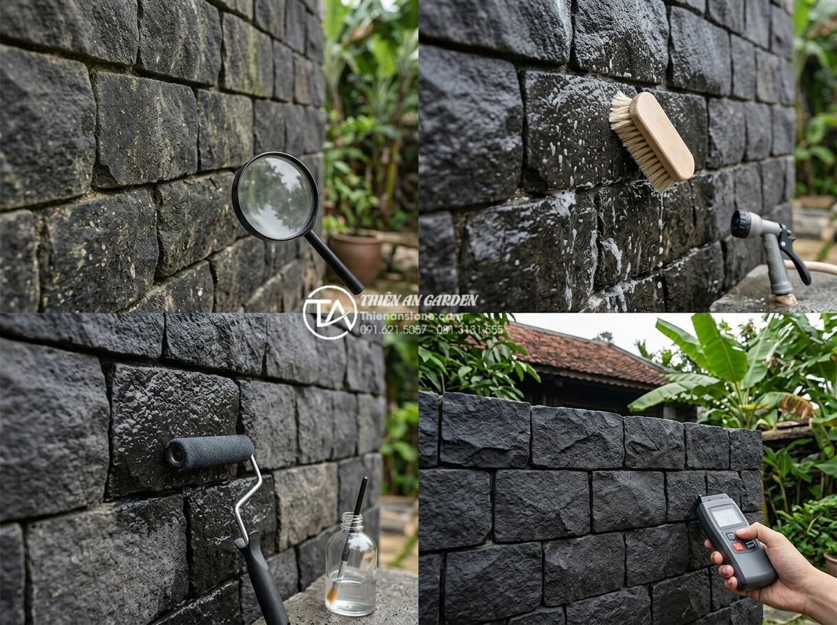 20 Ý tưởng sử dụng đá rối trang trí mặt tiền nhà phố cực ấn tượng - Maintenance guide visuals showing gentle cleaning process, sealant application, 