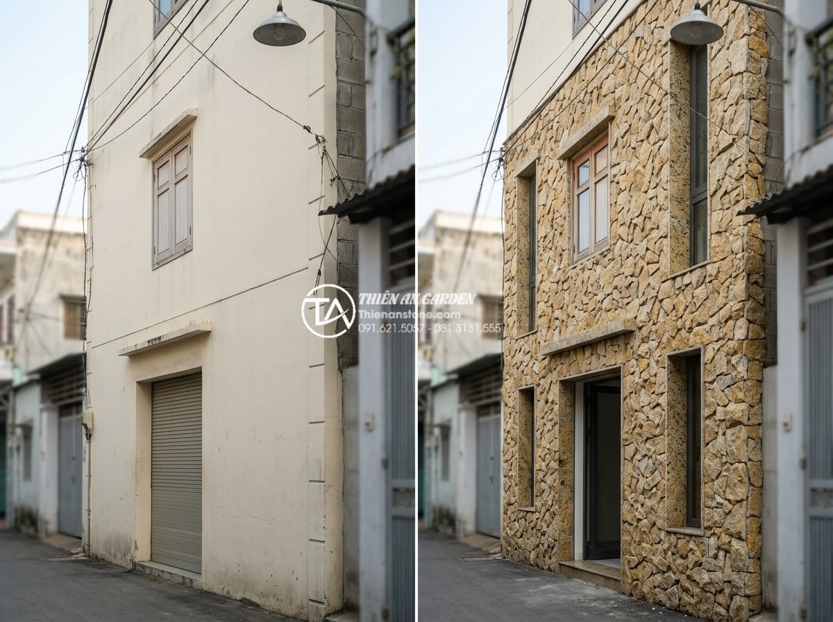 20 Ý tưởng sử dụng đá rối trang trí mặt tiền nhà phố cực ấn tượng - Detailed comparison of before and after facade using natural rubble stone decora