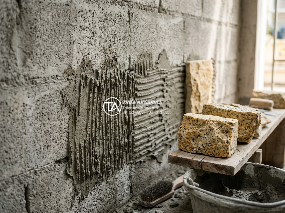 20 Ý tưởng sử dụng đá rối trang trí mặt tiền nhà phố cực ấn tượng - Step-by-step professional installation process of rubble stone on townhouse faca