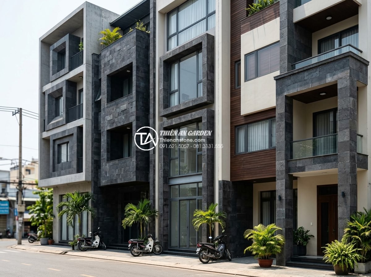 20 Ý tưởng sử dụng đá rối trang trí mặt tiền nhà phố cực ấn tượng - Five modern townhouse facade ideas incorporating rubble stones in minimalist geo