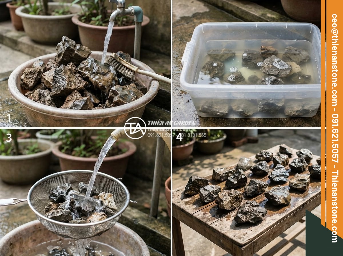 Ảnh hưởng của đá tai mèo đến môi trường nước trong bể thủy sinh - Hình 15 Ảnh hưởng của đá tai mèo đến môi trường nước trong bể thủy sinh - Step-by-step process of cleaning and preparing cat ear stones for aquarium use,