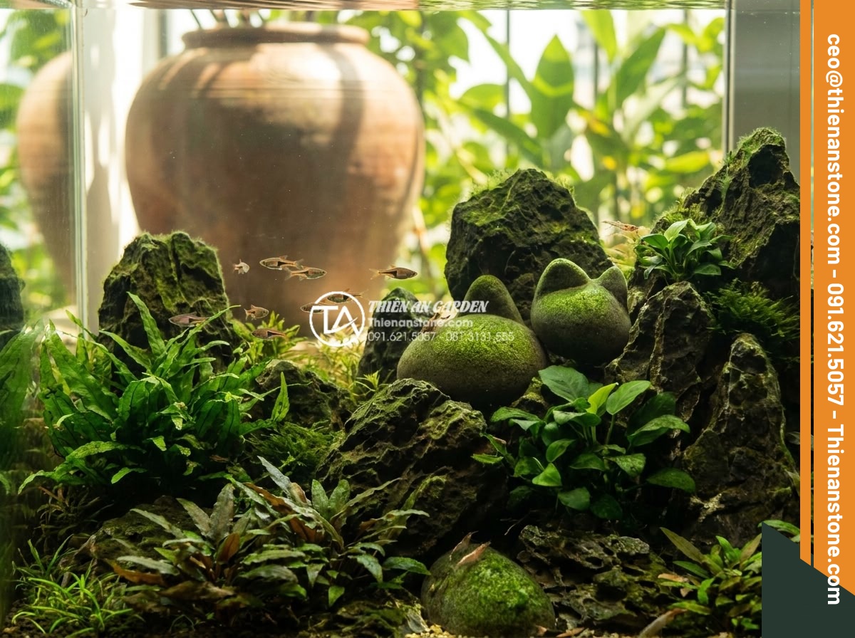 Ảnh hưởng của đá tai mèo đến môi trường nước trong bể thủy sinh - Hình 19 Ảnh hưởng của đá tai mèo đến môi trường nước trong bể thủy sinh - Long-term established aquarium with mature cat ear stones, thriving ecosystem an