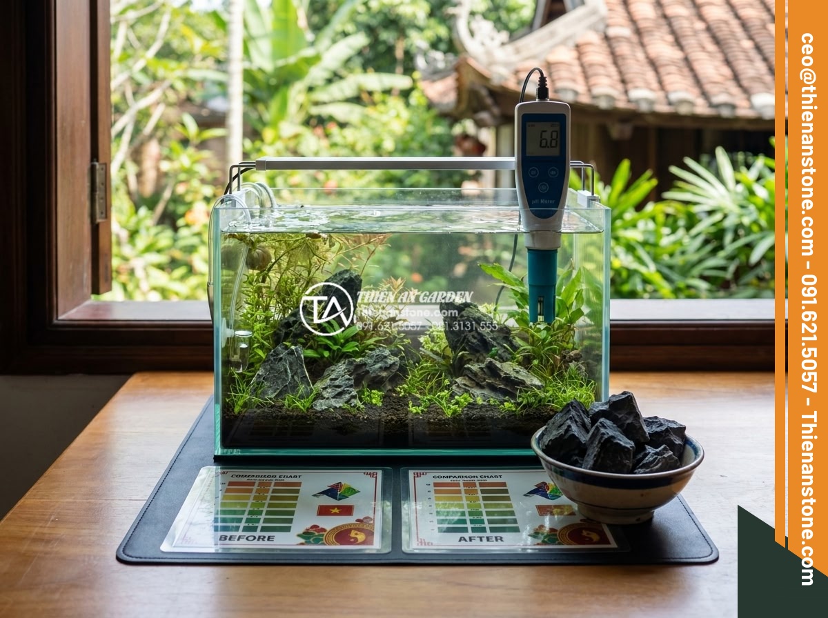 Ảnh hưởng của đá tai mèo đến môi trường nước trong bể thủy sinh - Hình 5 Ảnh hưởng của đá tai mèo đến môi trường nước trong bể thủy sinh - pH meter testing water in aquarium with cat ear stones, showing digital reading