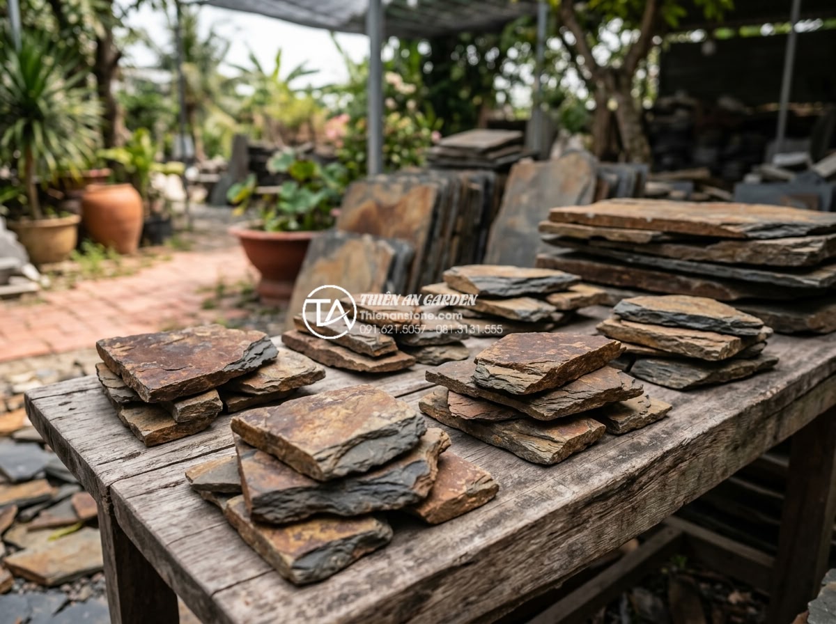 Bảng giá đá rối lát sân vườn: Kinh nghiệm mua đá rẻ và chất lượng - Customer negotiating with stone supplier over samples of natural stone rubble fo