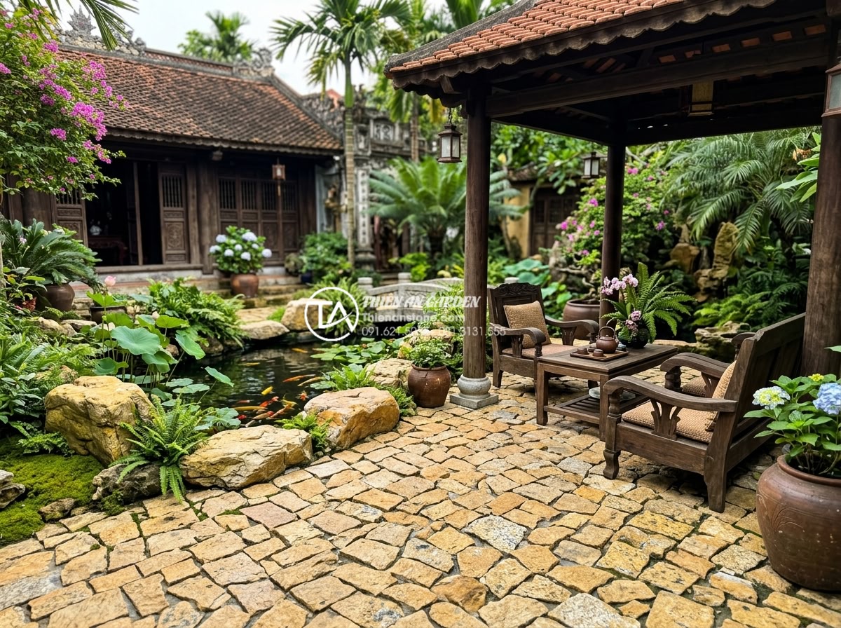 Bảng giá đá rối lát sân vườn: Kinh nghiệm mua đá rẻ và chất lượng - Luxurious garden courtyard paved entirely with natural stone rubble featuring wa