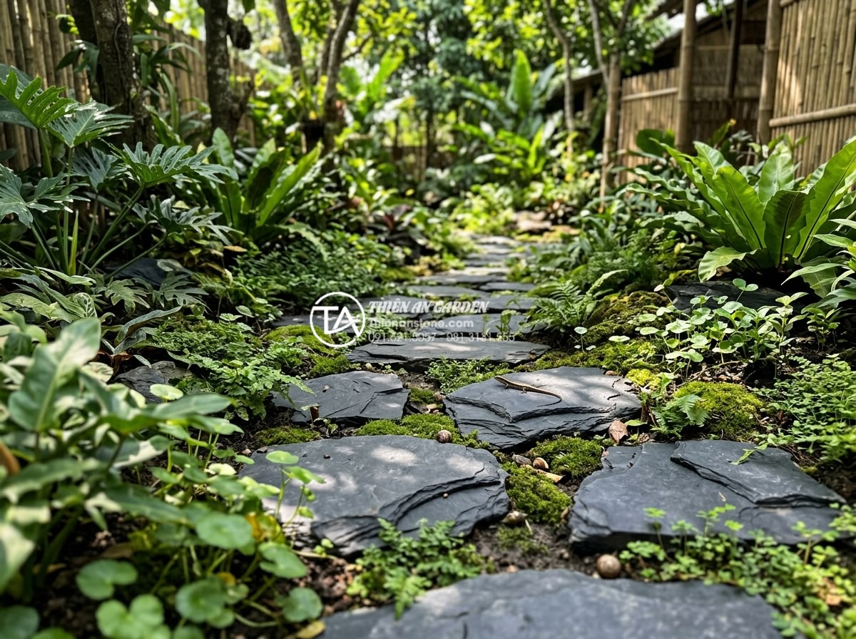 Bảng giá đá rối lát sân vườn: Kinh nghiệm mua đá rẻ và chất lượng - Eco-friendly garden path with natural stone rubble integrated with native plants
