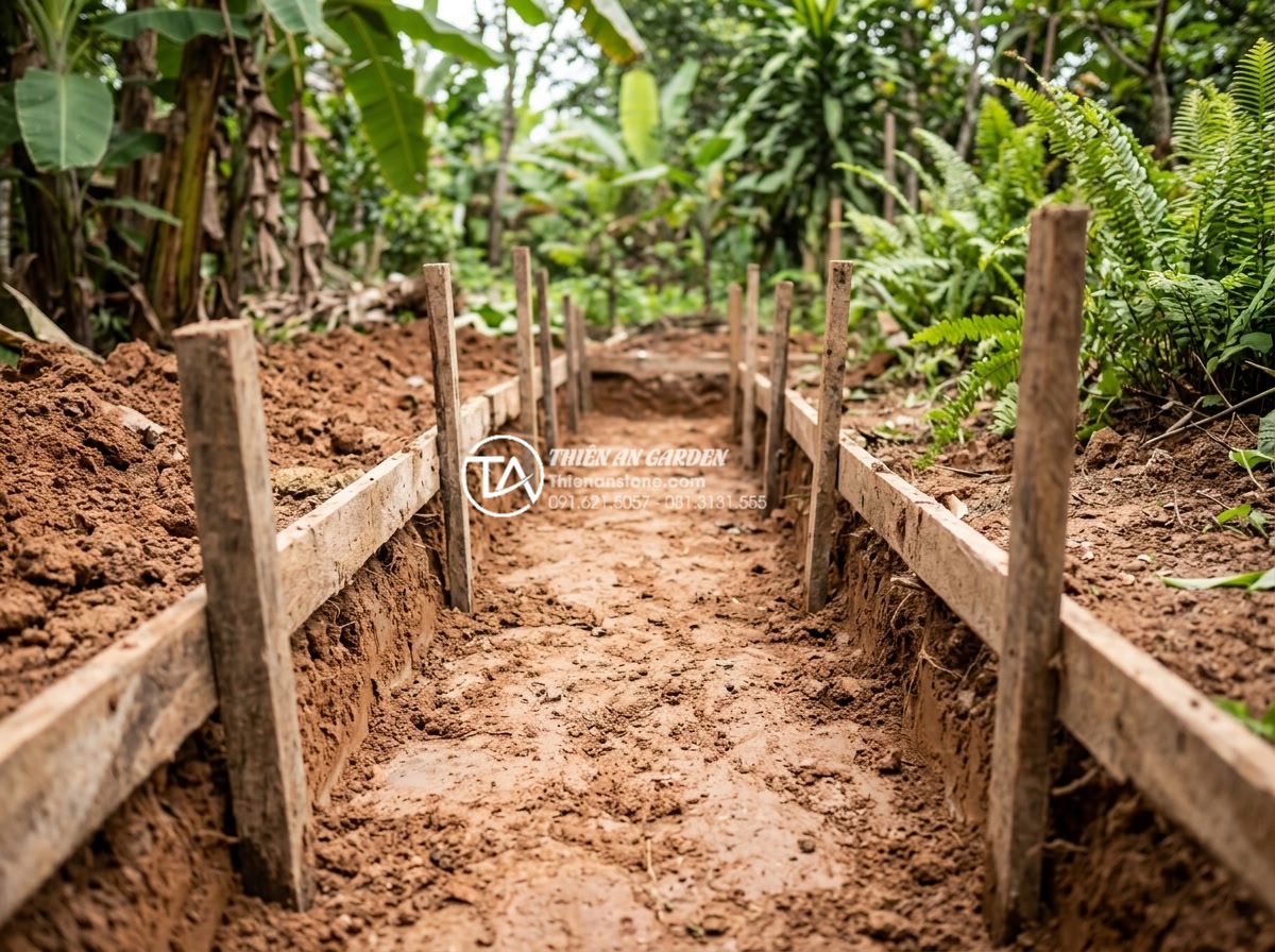 Bảng giá đá rối lát sân vườn: Kinh nghiệm mua đá rẻ và chất lượng - Step-by-step construction process showing foundation preparation for natural sto