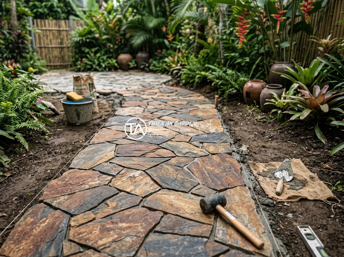 Bảng giá đá rối lát sân vườn: Kinh nghiệm mua đá rẻ và chất lượng - Professional workers laying natural stone rubble in garden with precise alignmen