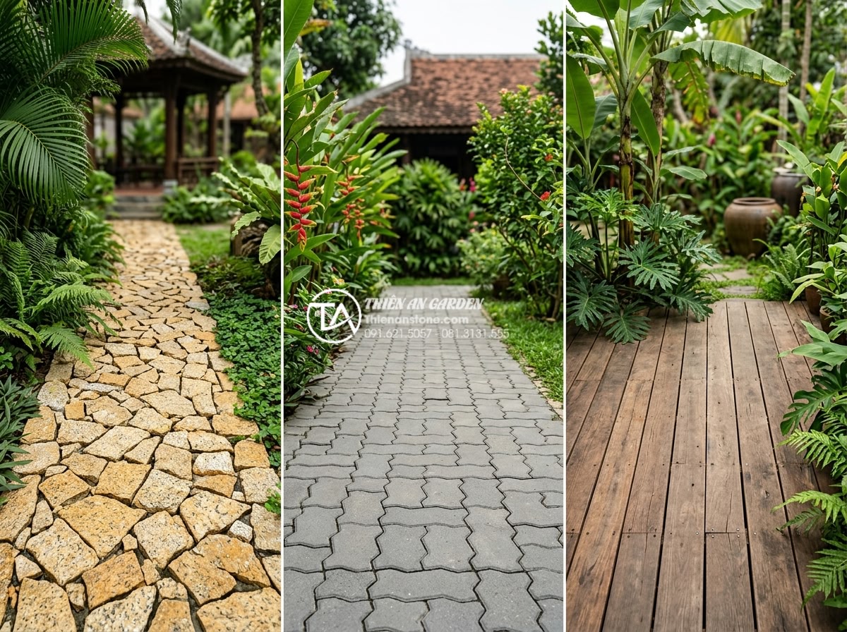 Bảng giá đá rối lát sân vườn: Kinh nghiệm mua đá rẻ và chất lượng - Side-by-side comparison of natural stone rubble versus concrete pavers and woode