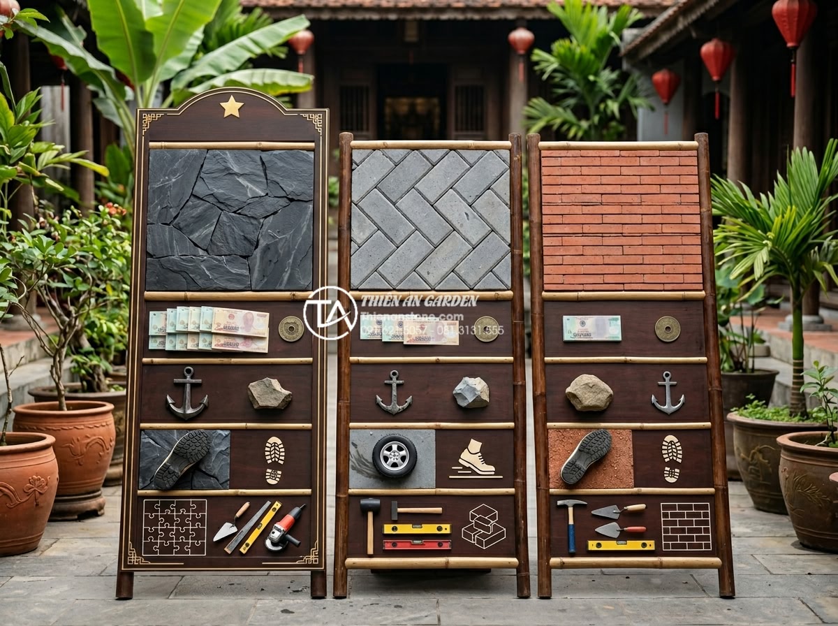 Bảng giá đá rối lát sân vườn: Kinh nghiệm mua đá rẻ và chất lượng - Visual comparison chart of different garden paving materials including natural s