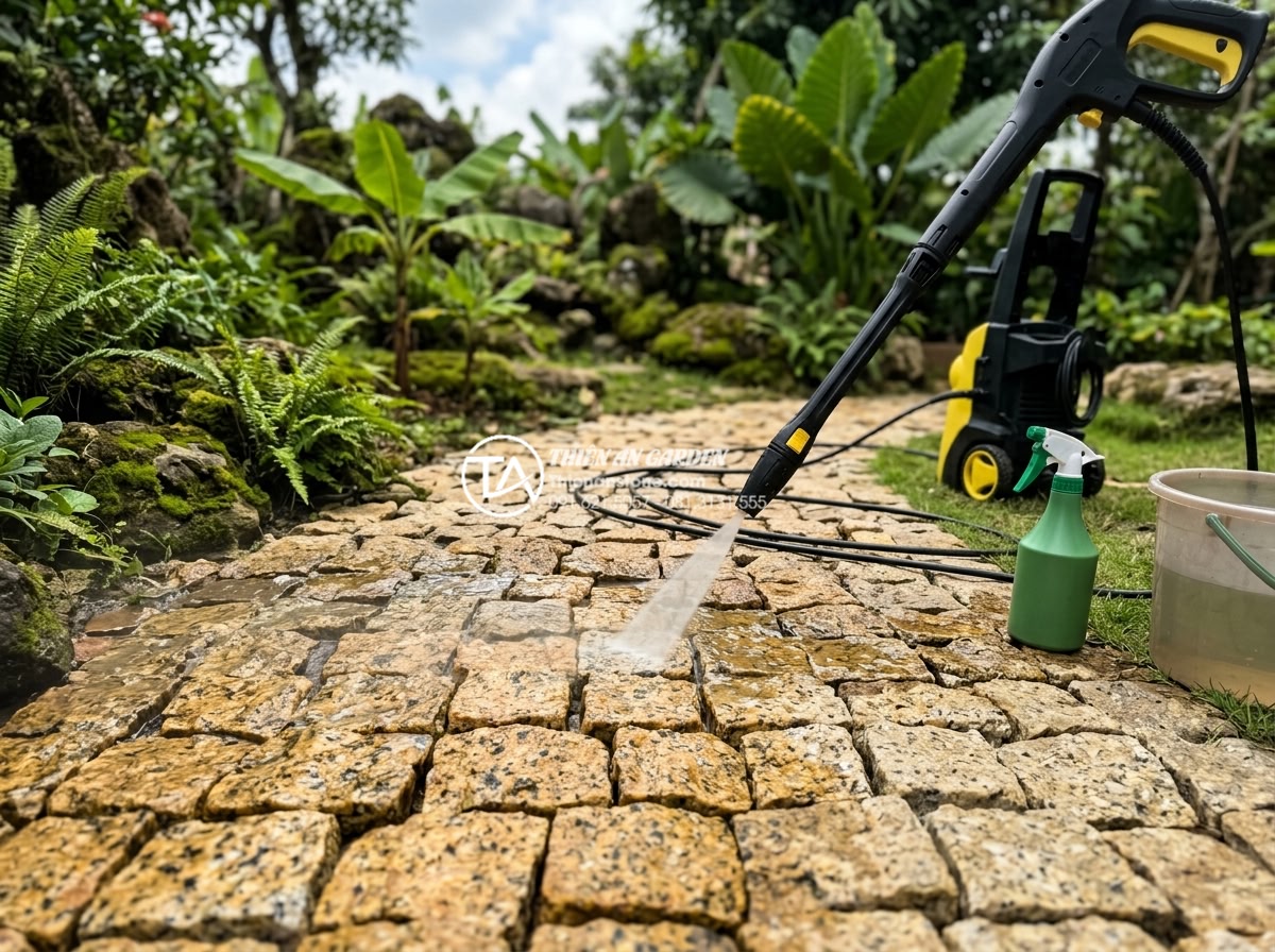 Bảng giá đá rối lát sân vườn: Kinh nghiệm mua đá rẻ và chất lượng - Maintenance worker cleaning natural stone rubble garden path with pressure washe