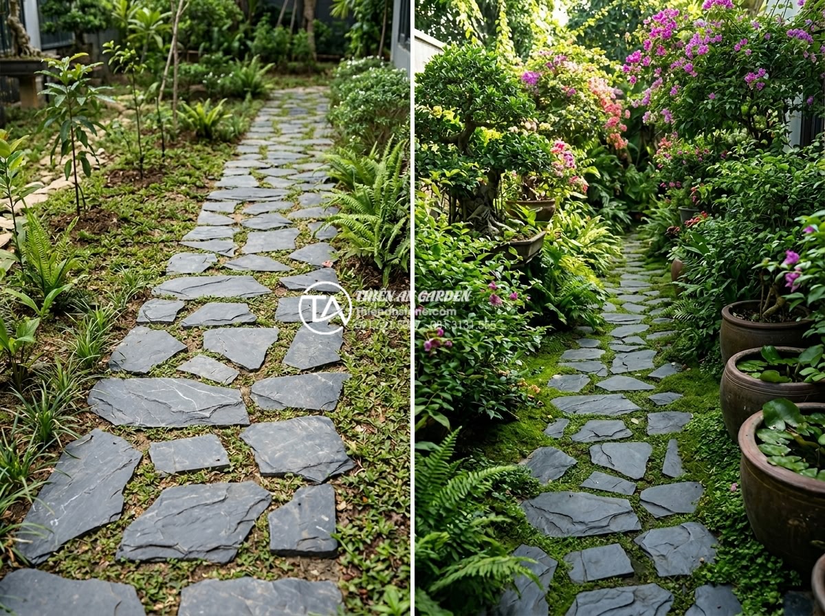 Bảng giá đá rối lát sân vườn: Kinh nghiệm mua đá rẻ và chất lượng - Before and after images showing well-maintained natural stone rubble paving in a