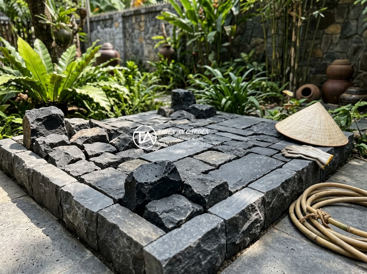 Bảng giá đá rối lát sân vườn: Kinh nghiệm mua đá rẻ và chất lượng - Collection of natural stone rubble in gray and golden yellow tones arranged neat