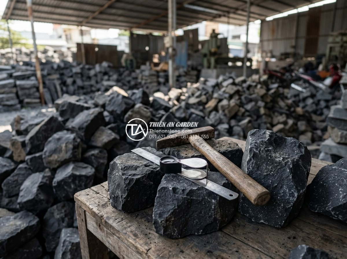 Bảng giá đá rối lát sân vườn: Kinh nghiệm mua đá rẻ và chất lượng - Expert inspecting natural stone rubble quality with tools in a stone yard wareho