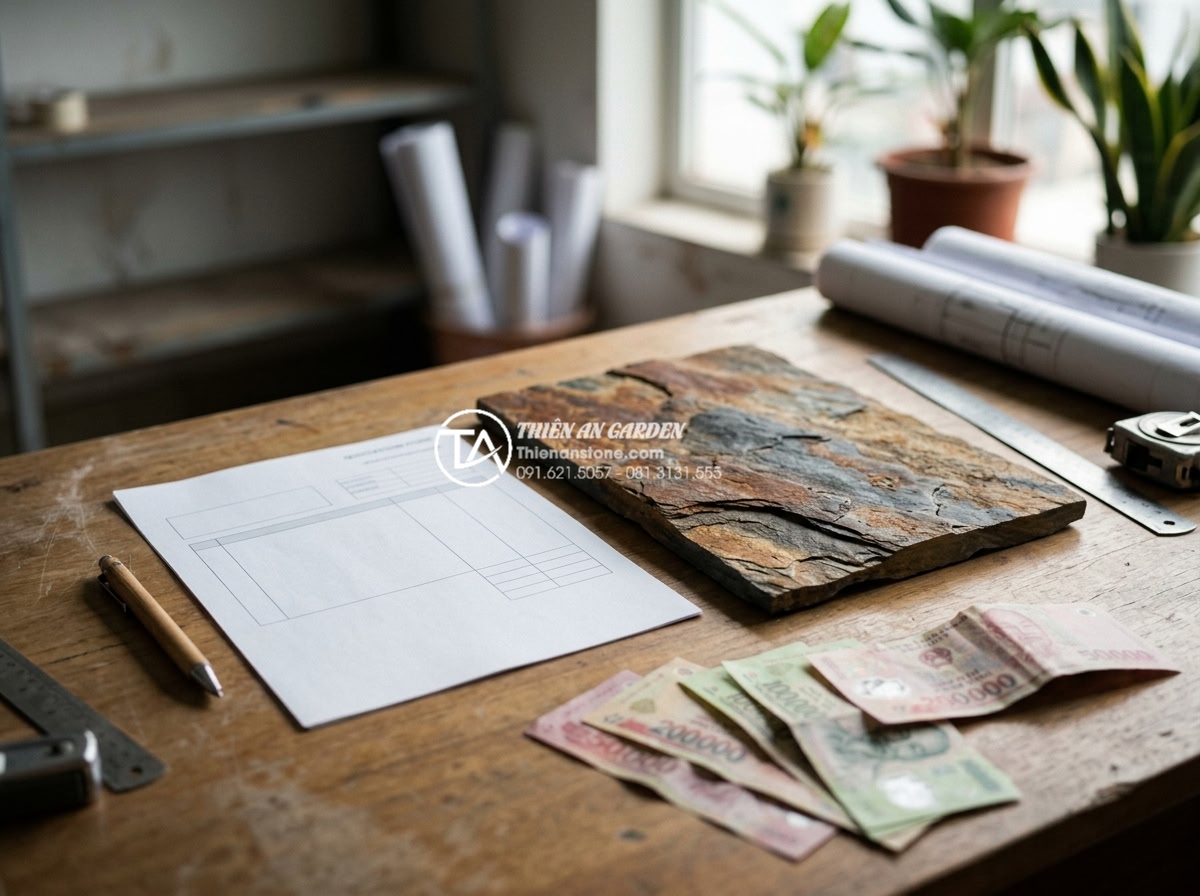 Báo giá đá rối ốp tường 2026: Cập nhật chi phí vật tư và nhân công - Professional photo of price quotation document for natural stone rubble wall cla