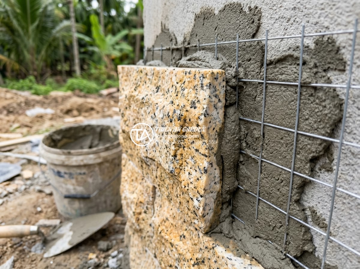 Báo giá đá rối ốp tường 2026: Cập nhật chi phí vật tư và nhân công - Close-up of construction materials including mortar, wire mesh, and adhesive for