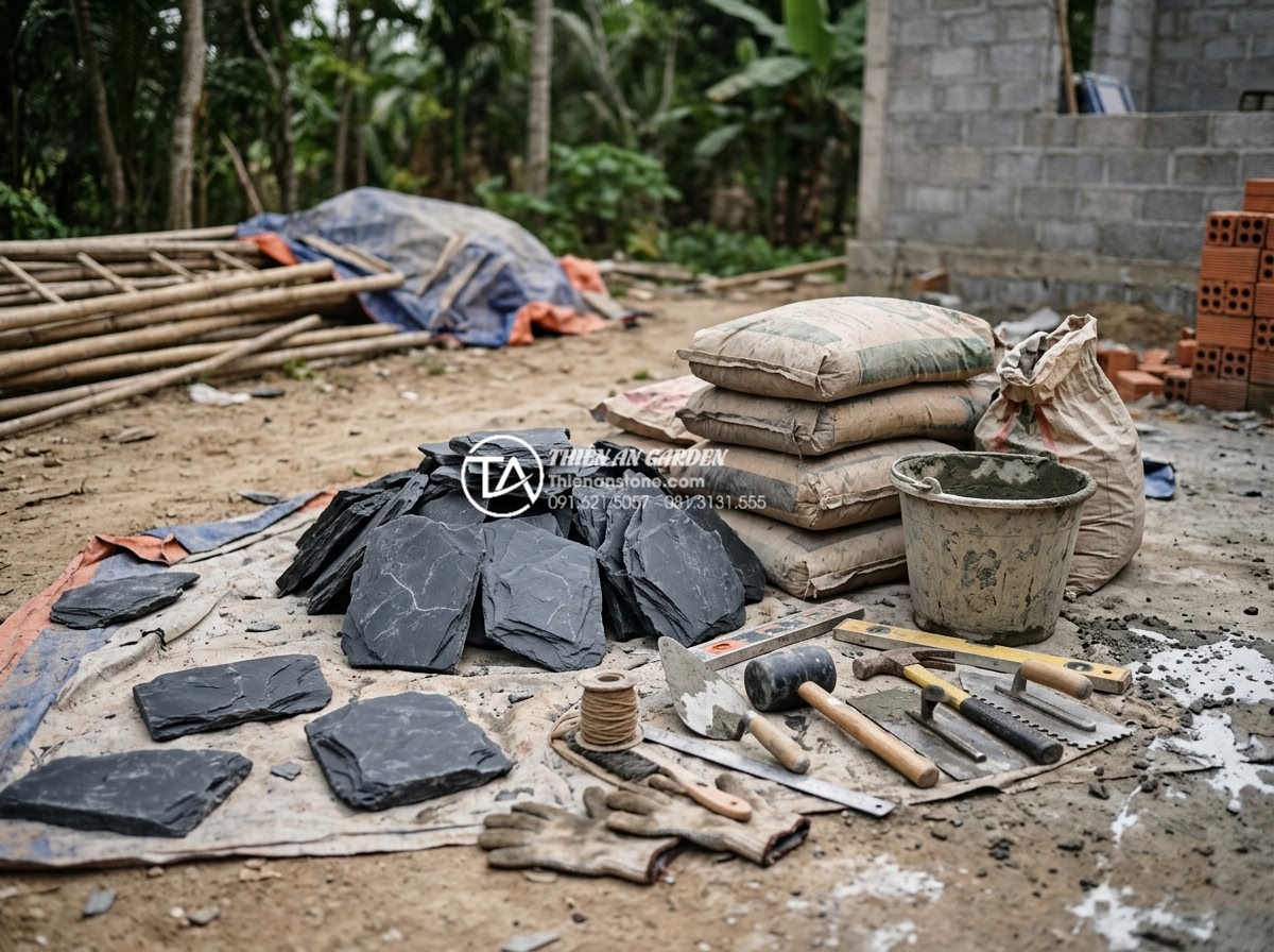 Báo giá đá rối ốp tường 2026: Cập nhật chi phí vật tư và nhân công - Detailed view of complete material kit for stone rubble cladding including stone