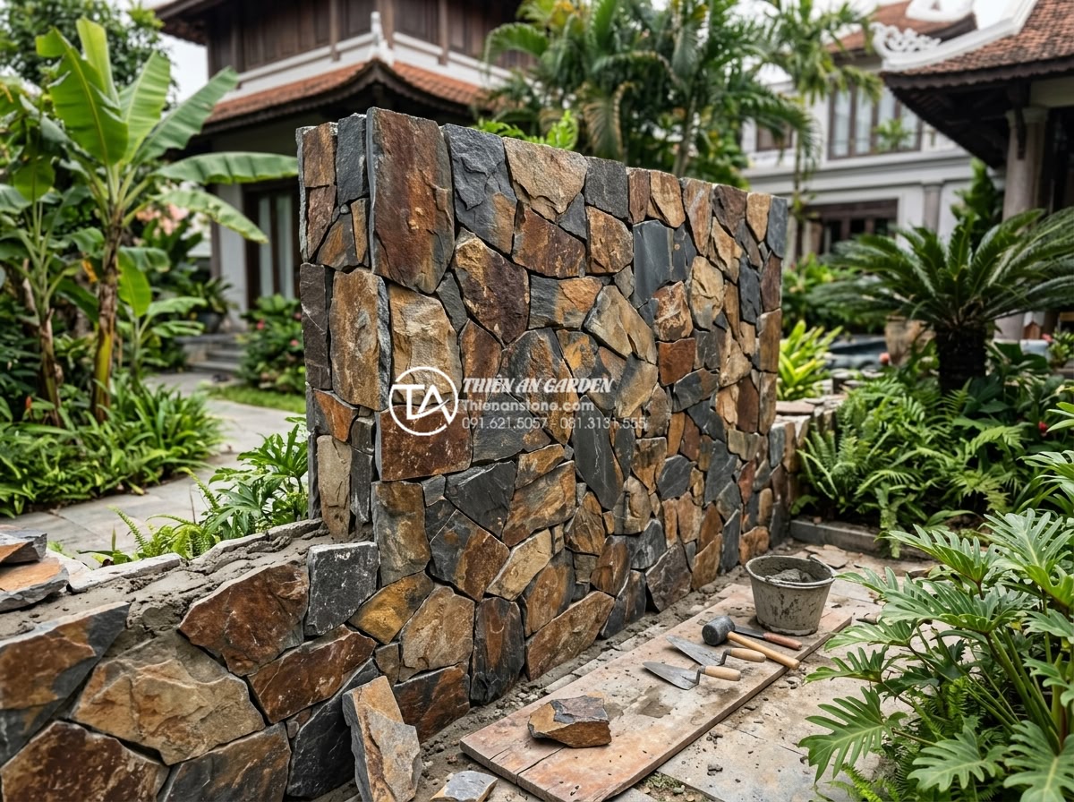 Báo giá đá rối ốp tường 2026: Cập nhật chi phí vật tư và nhân công - Team of professional stonemasons working on detailed rubble stone wall cladding 