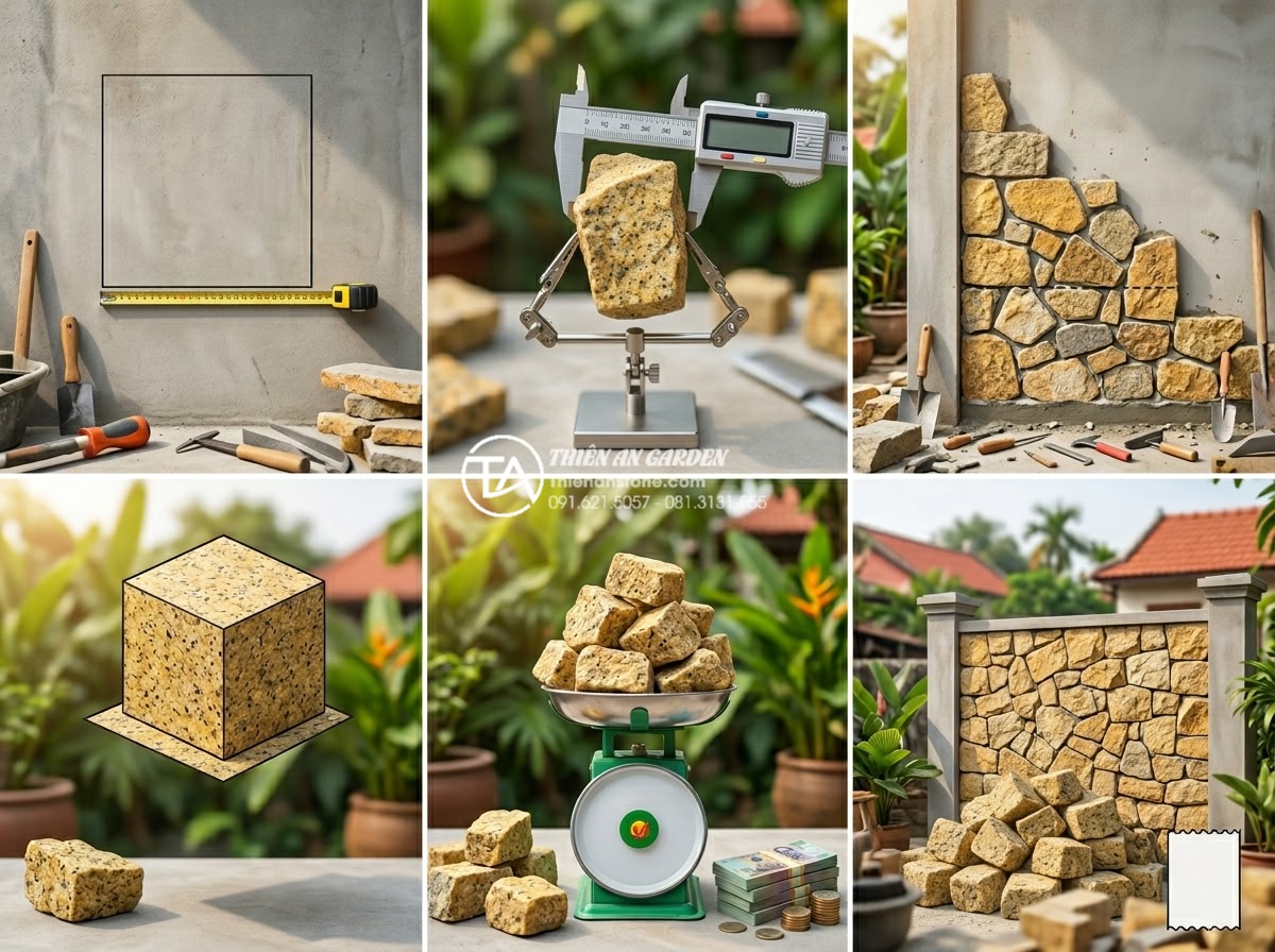 Báo giá đá rối ốp tường 2026: Cập nhật chi phí vật tư và nhân công - Step-by-step infographic diagram showing how to calculate stone rubble quantity 