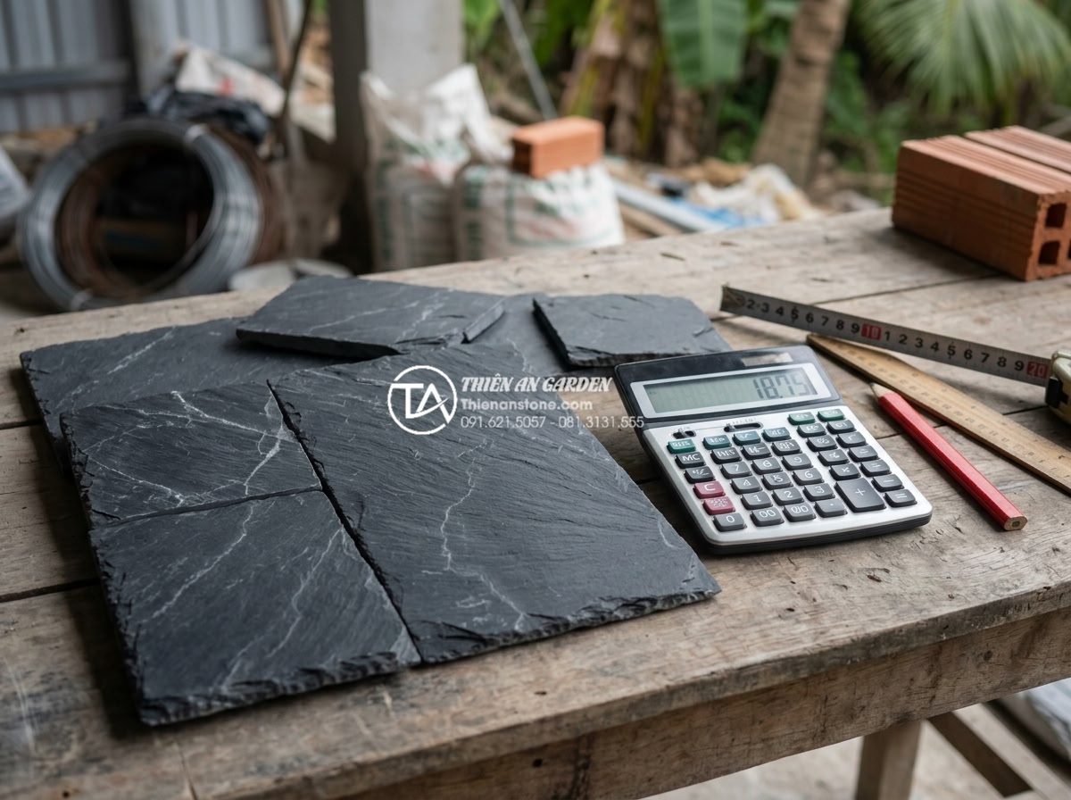 Báo giá đá rối ốp tường 2026: Cập nhật chi phí vật tư và nhân công - Calculator and measurement tools with stone samples for accurate per square mete