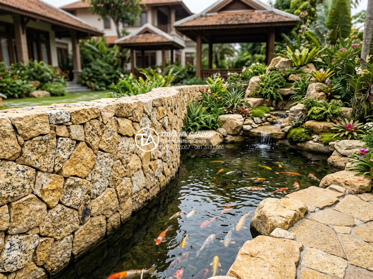 Báo giá đá rối ốp tường 2026: Cập nhật chi phí vật tư và nhân công - Beautiful landscape design featuring natural stone rubble wall in a high-end vil