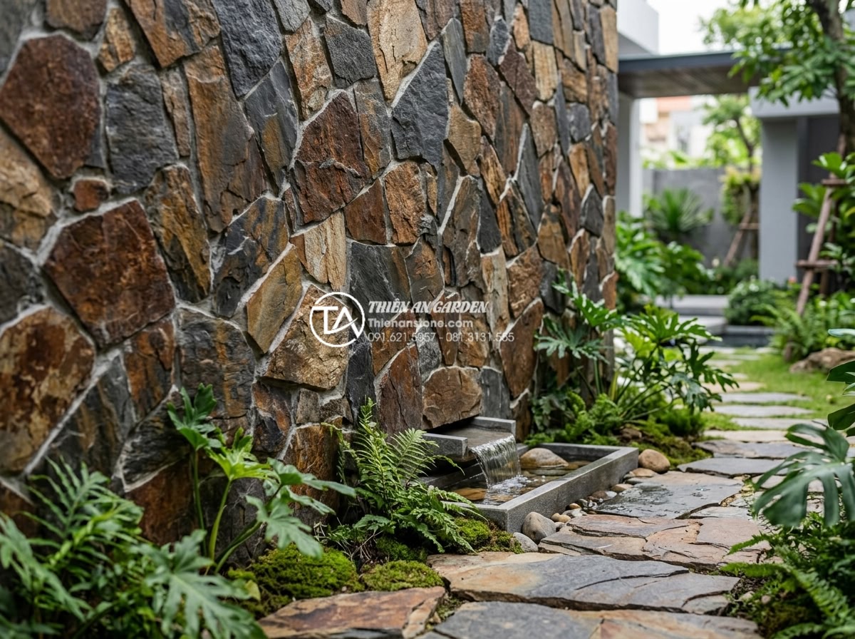 Báo giá đá rối ốp tường 2026: Cập nhật chi phí vật tư và nhân công - Close-up view of textured natural stone wall cladding using chaotic rubble stone