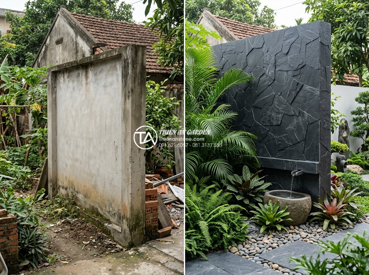 Báo giá đá rối ốp tường 2026: Cập nhật chi phí vật tư và nhân công - Before and after transformation of plain wall to luxurious stone clad garden fea