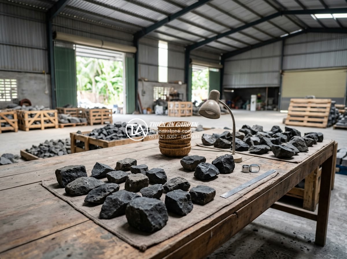 Báo giá đá rối ốp tường 2026: Cập nhật chi phí vật tư và nhân công - Quality inspection process of natural rubble stones at warehouse with expert che