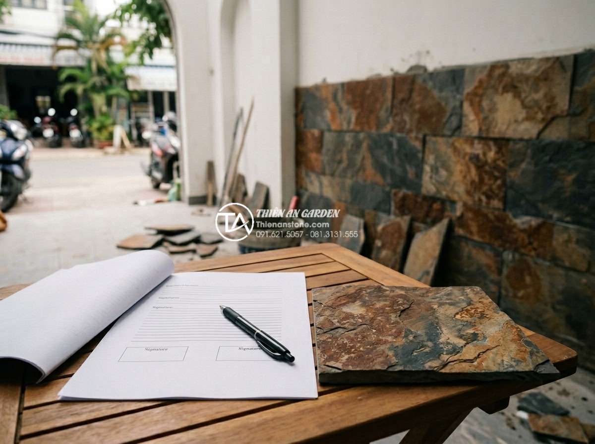 Báo giá đá rối ốp tường 2026: Cập nhật chi phí vật tư và nhân công - Contract signing scene for stone wall cladding project with customer and company
